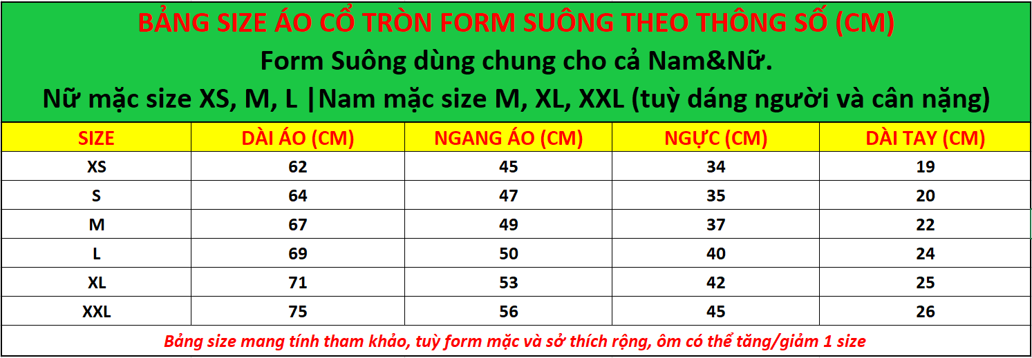 BẢNG SIZE ÁO CỔ TRÒN FORM SUÔNG THEO THÔNG SỐ CM